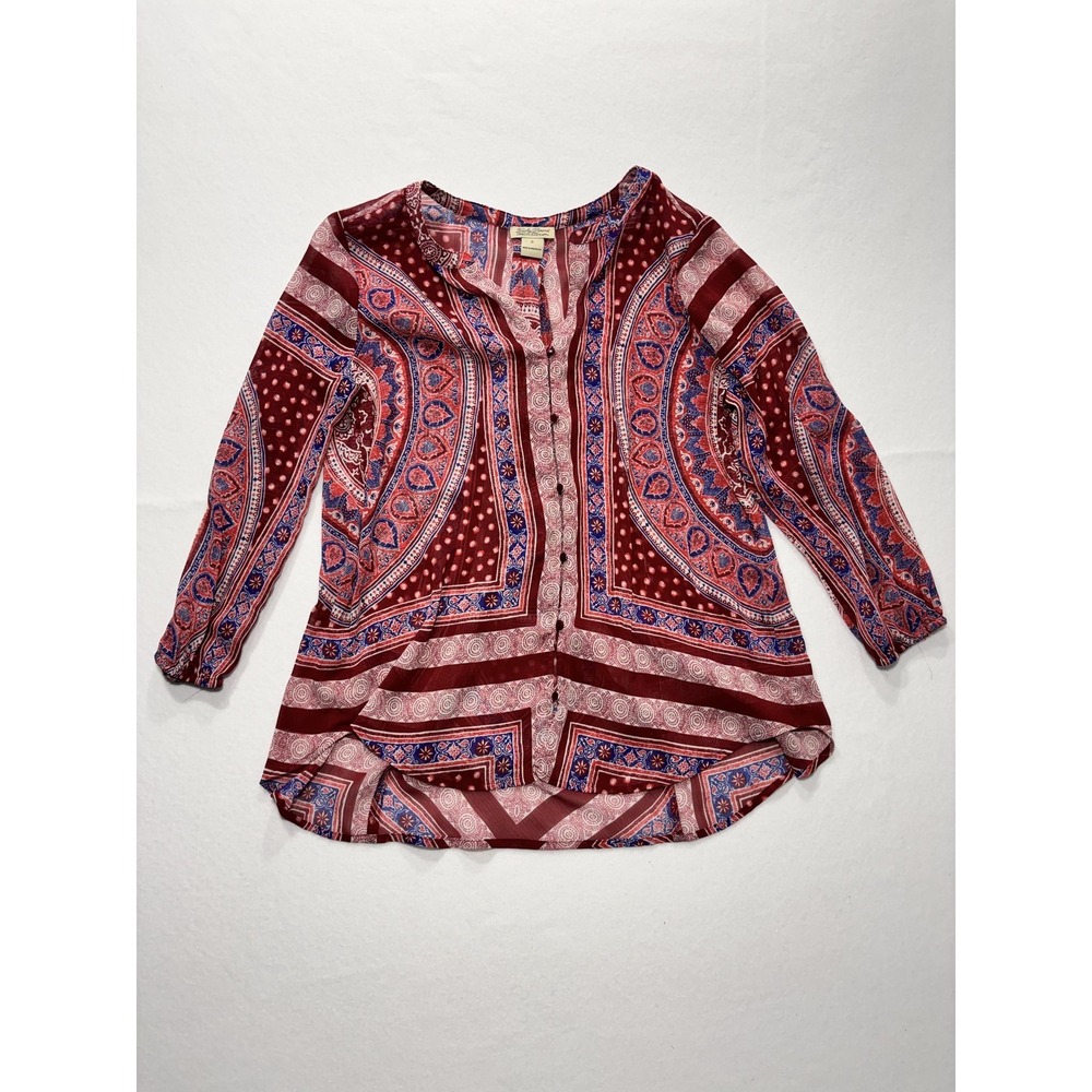 Lucky Brand Blouse Womens Small Red Paisley Long Sleeve Tunic Top Boho